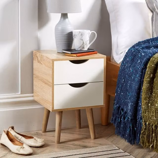Home Source Boden 2 Drawer Oak Bedside Table Bedroom Storage Unit