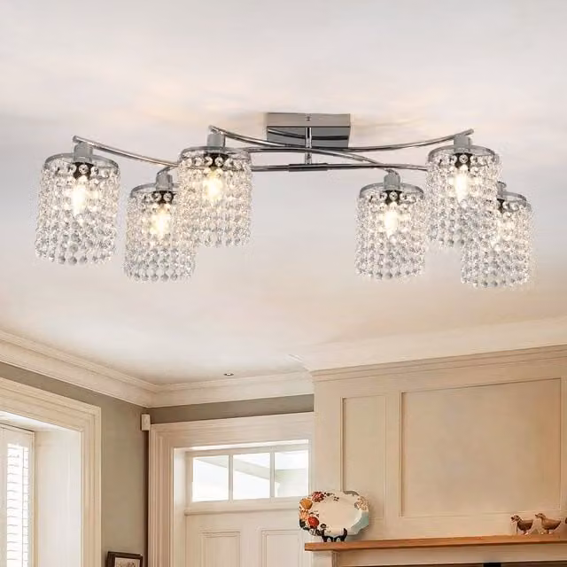 Garwarm 6-Light Dimmable Crystal Flush Mount Ceiling Light in Chrome and Transparent, Diameter: 89 cm – 1