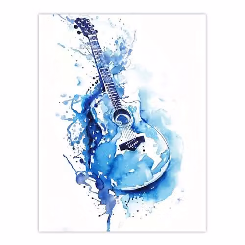 Artery8 Abstract Music Guitar Blue Watercolour Splat Wall Art Poster Print on Thick Paper, 18 x 24 Inch – 1