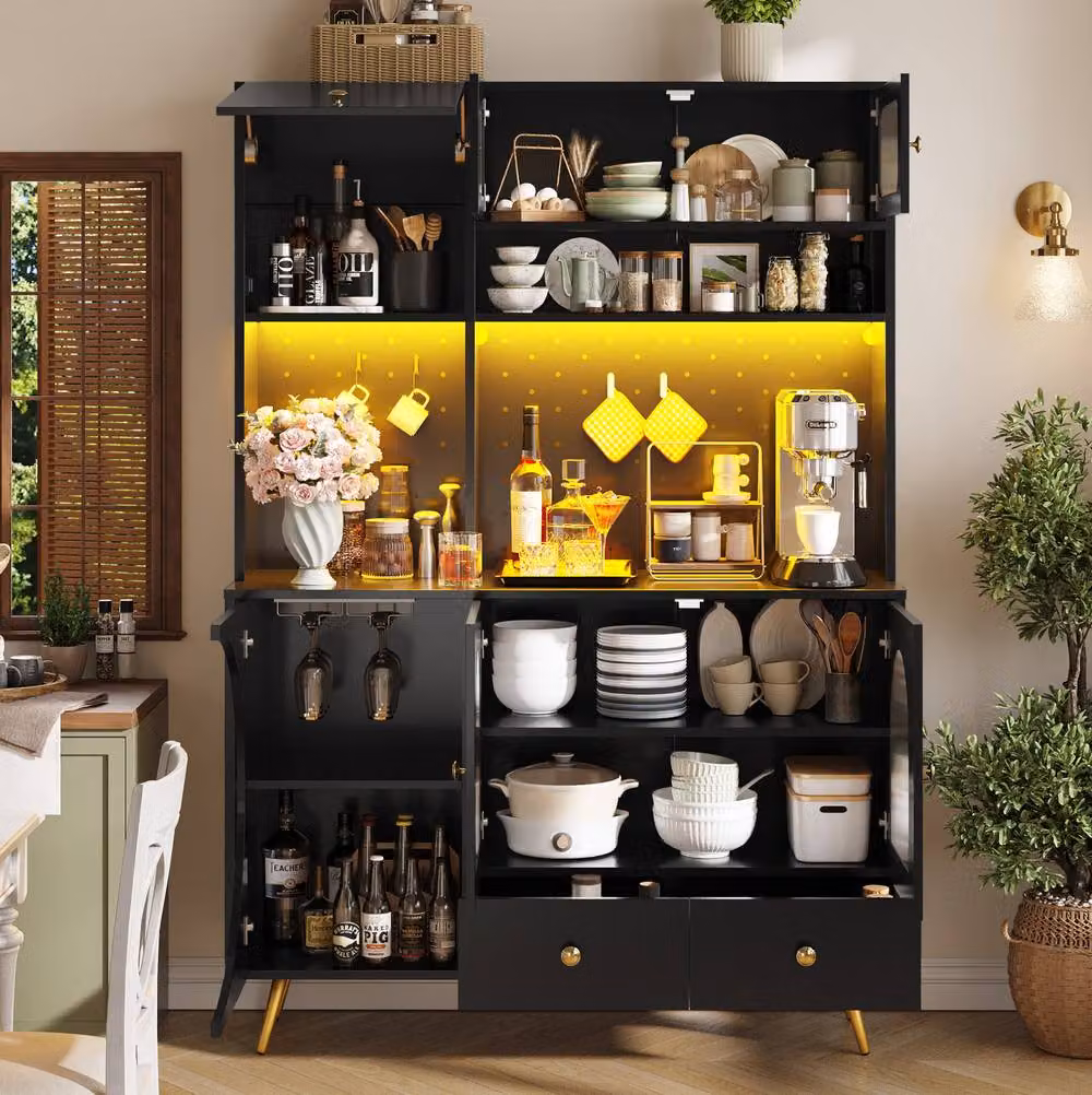 STILVORA Modern Black Tall Kitchen Cabinet with Integrated LED Lighting, USB Ports and Bottle Rack – 2