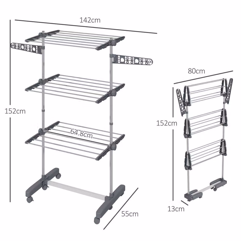 STILVORA Foldable Metal Clothes Horse with Three Shelves and Wheels in Grey – 2