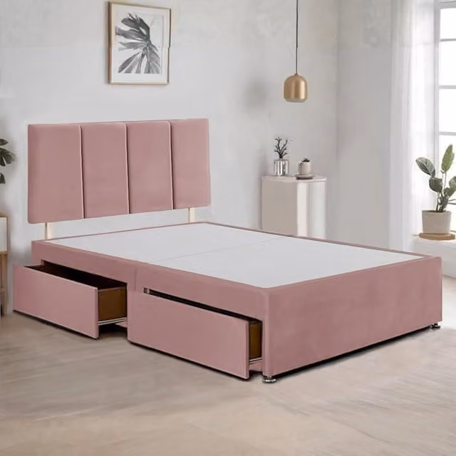 Bed Time UK Plush Velvet Divan Bed Frame with 2 Drawers and 20 Inch Vertical Line Headboard in Pink, W/D/H: 140 x 200 cm