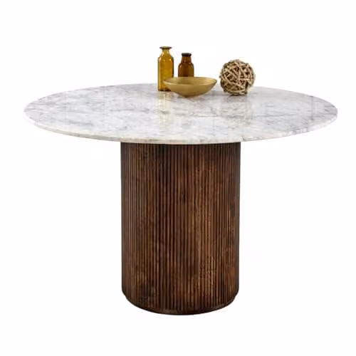 Indian Hub Opal Round Dining Table with White Marble Top and Mango Wood Base, W: 120 cm, D: 120 cm, H: 76 cm