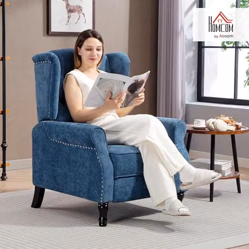 HOMCOM Vintage Manual Reclining Armchair with Integrated Footrest in Blue – 2