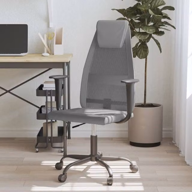 Berkfield Grey Mesh Fabric and Faux Leather Modern Home Office Task Chair with Headrest, Armrests and 360 Degree Swivel