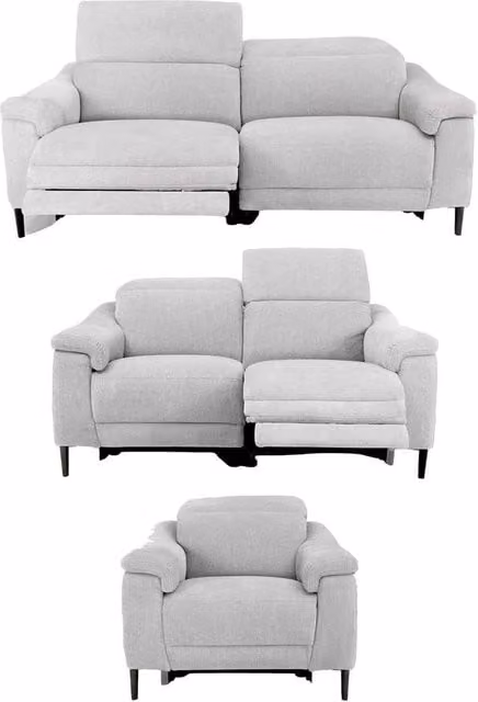 Furnishings For Less UK Oscar Electric Reclining 3 Piece Sofa Suite in Ivory Fabric featuring 3 Seater Sofa, 2 Seater Sofa and Armchair with USB Charging and Adjustable Headrests