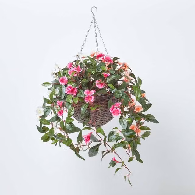 Homescapes Impatiens Hanging Basket in White, Orange, Pink and Green, Diameter: 85 cm