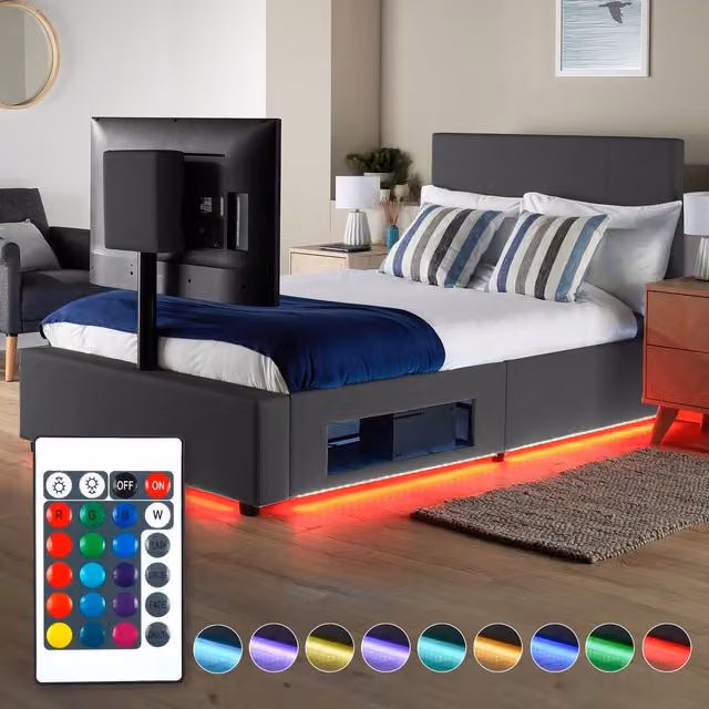 XR Living Ava Upholstered TV Bed with LED Lighting in Grey, Double (140 x 200 cm)