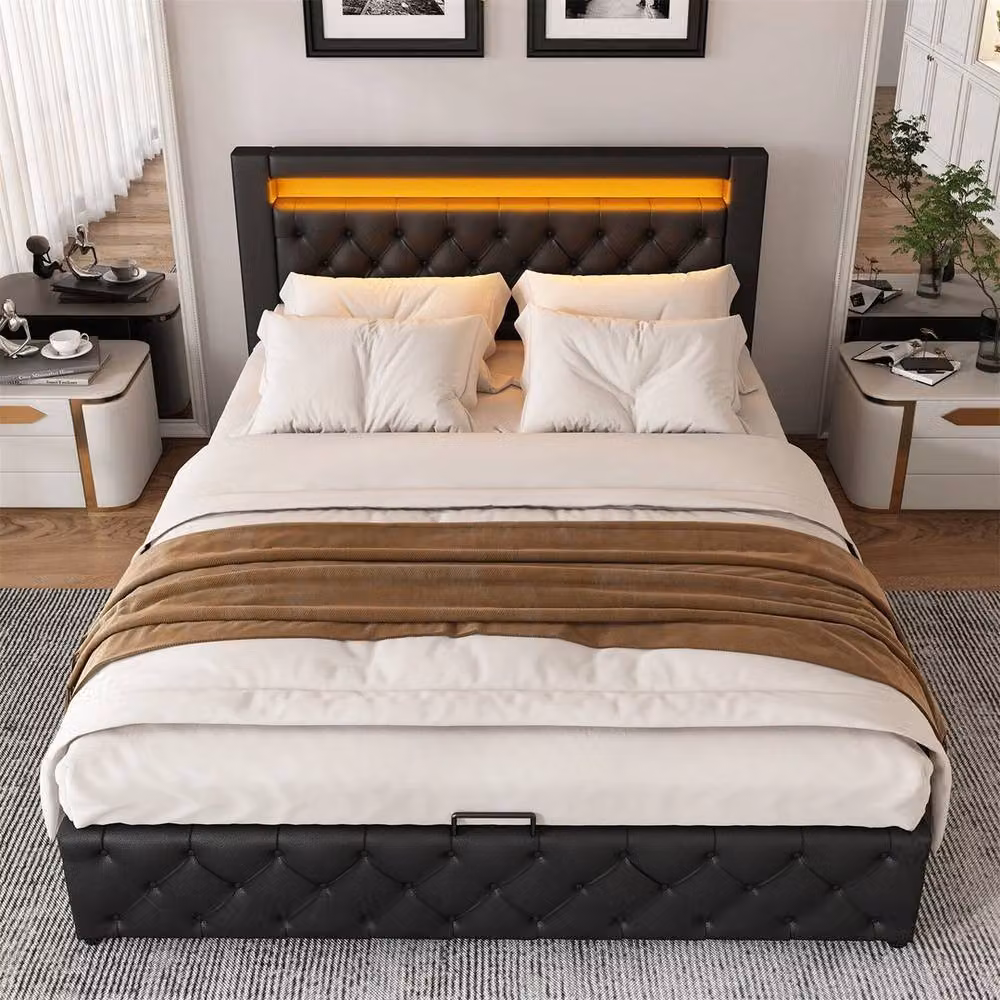 FORGEVIO Black Faux Leather Upholstered Cot Bed Frame with LED Under-Bed Lighting and Gas Lift Storage – 5