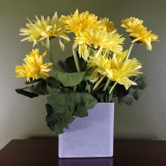 Yellow Artificial Potted Daisy Flowering Plant in a Grey Square Pot, W/D/H: 12.0 x 12.0 x 12.0 cm