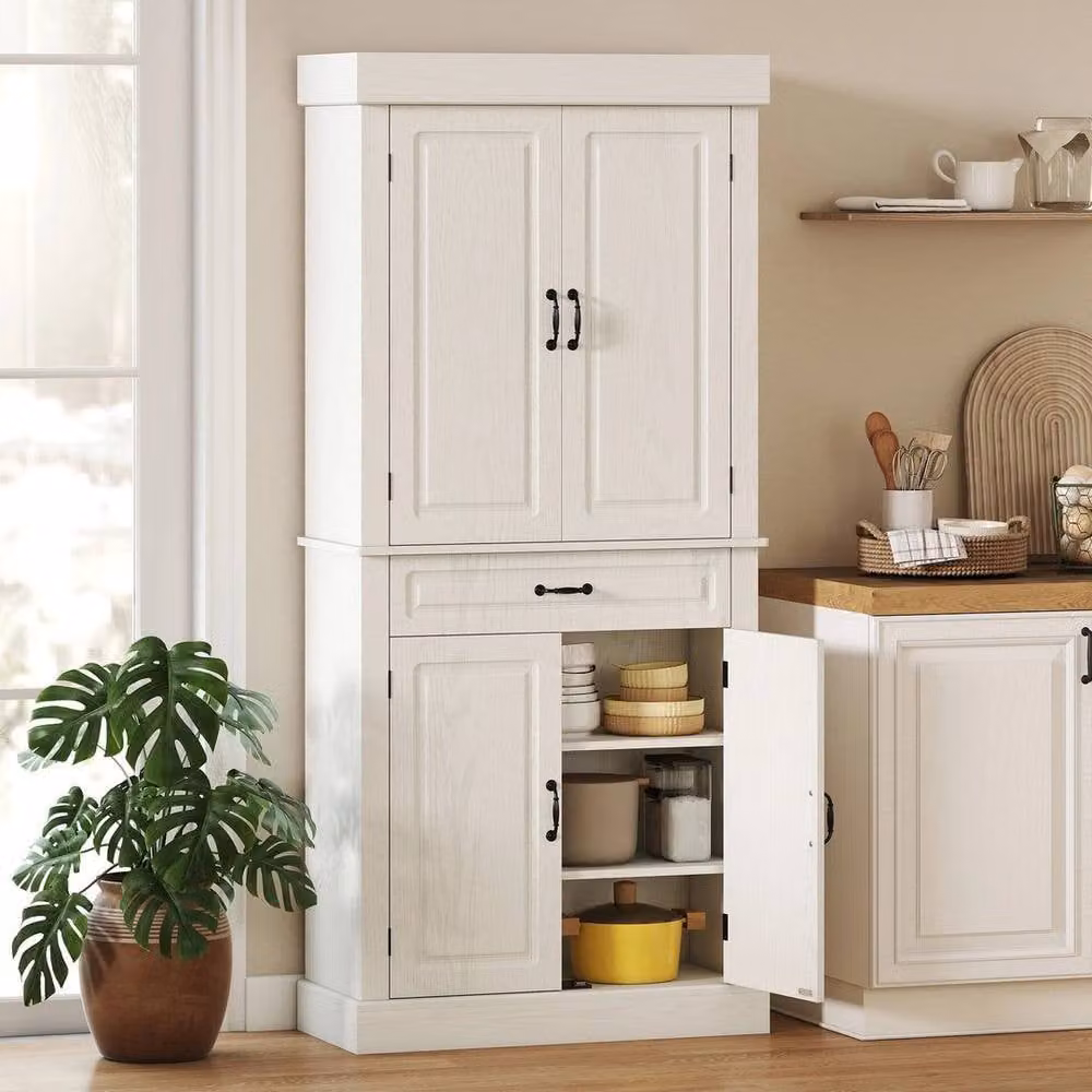 PAWNORA Tall Freestanding Kitchen Pantry Cupboard with Drawer, White, H 180 x W 80 x D 35 cm – 2
