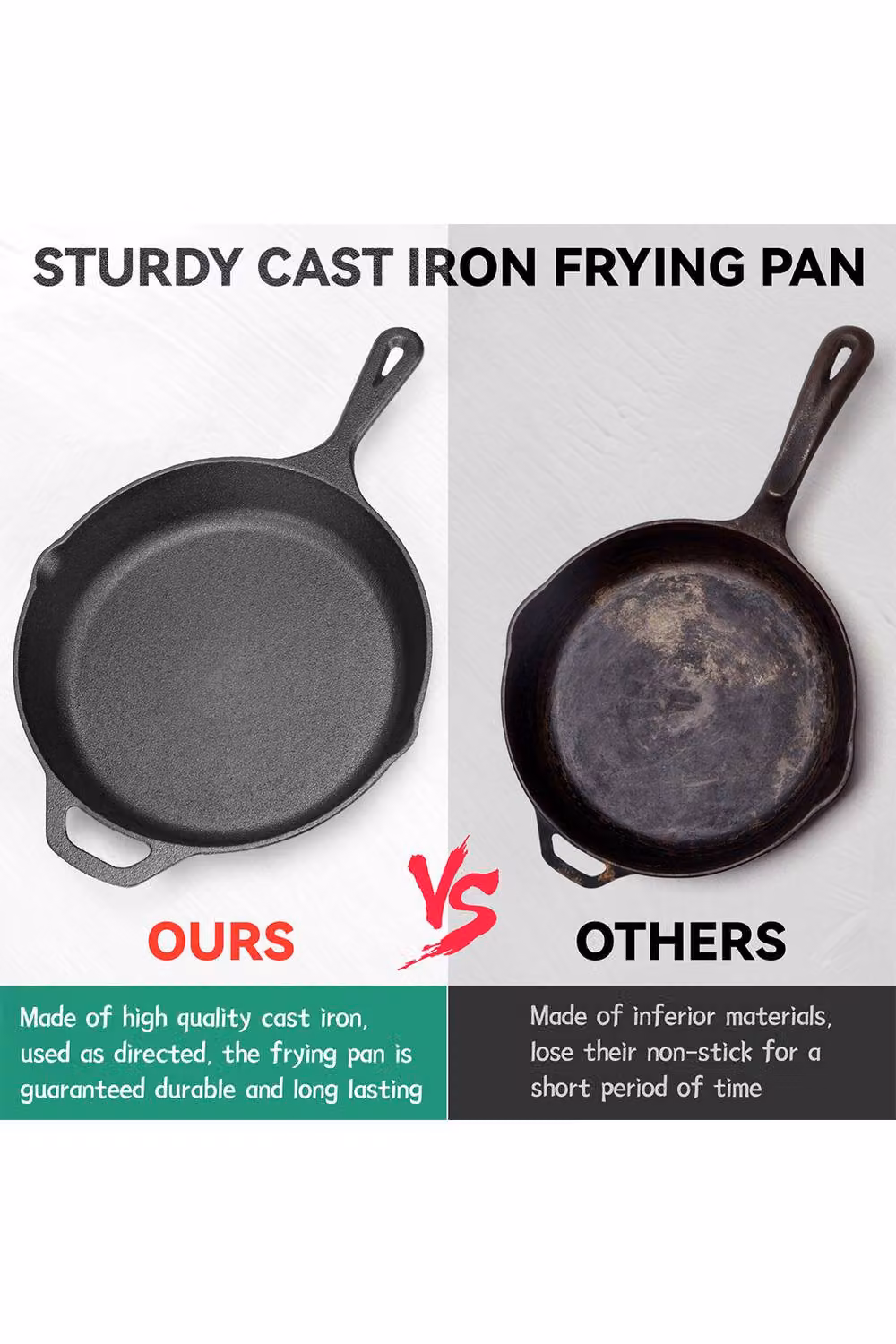 Living and Home Uncoated Cast Iron Frying Pan with Handles, Black – 5