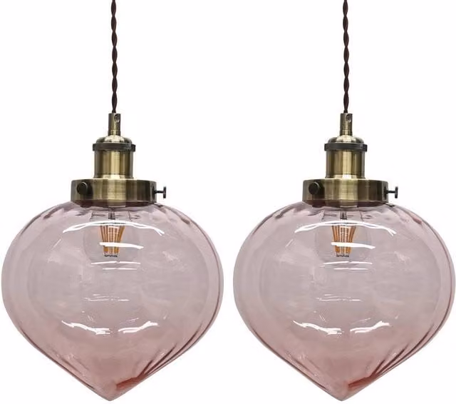 First Choice Lighting Layla Set of 2 Pink Glass Easy Fit Pendant Shades with Brass Detail – 1