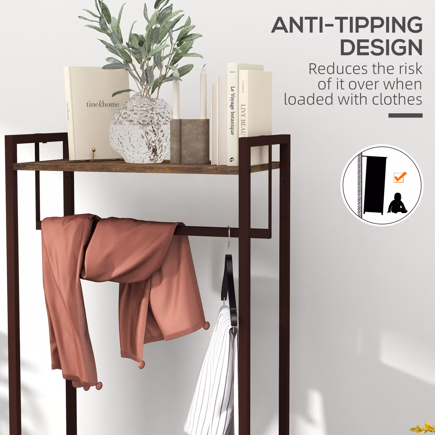 HOMCOM Rustic Free Standing Clothes Rail with 3 Fabric Drawers and Storage Shelves – 6