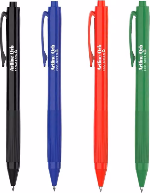 Artline Eco-Green Orb Ballpoint Pens with 1mm Nib, Pack of 4, Assorted Colours