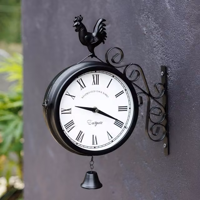 Primrose Double Sided Station Wall Clock with Bell Cockerel in Black Metal, Diameter: 30 cm