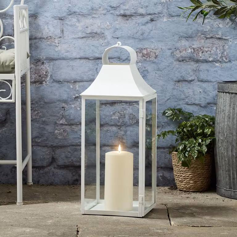 Lights4fun Albury White Metal Decorative Garden Lantern with TruGlow Candle, Height: 59 cm