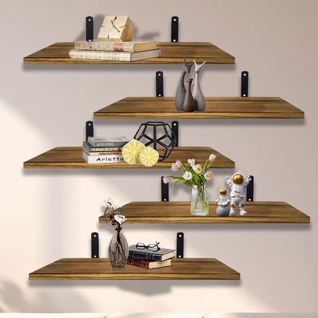 FORGEVIO Set of 5 Rustic Brown Wood Floating Shelves, Wall Mounted Storage – 1