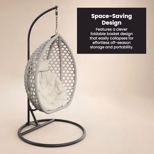 Solace+Co Lola Rattan Egg Swing Chair with Stand and Foam Cushions, Grey – 4