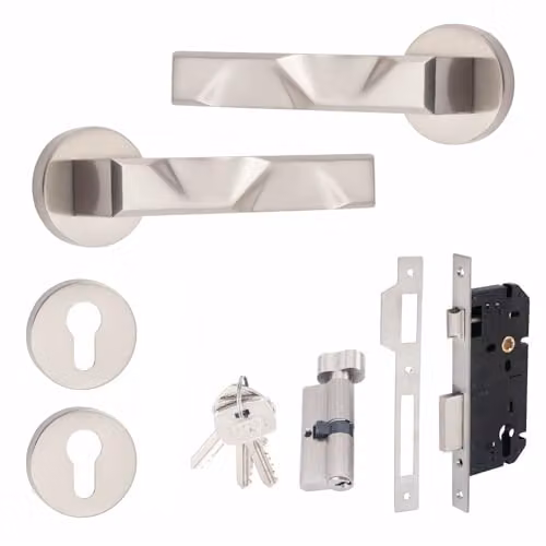 Golden Grace Nova Euro Door Handles, Satin Nickel Thumbturn Lock Set in Silver