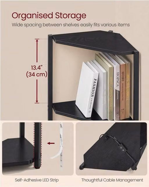 VASAGLE 5-Tier Corner Shelf with Integrated LED Lighting and Storage in Bronze, Brown and Black
