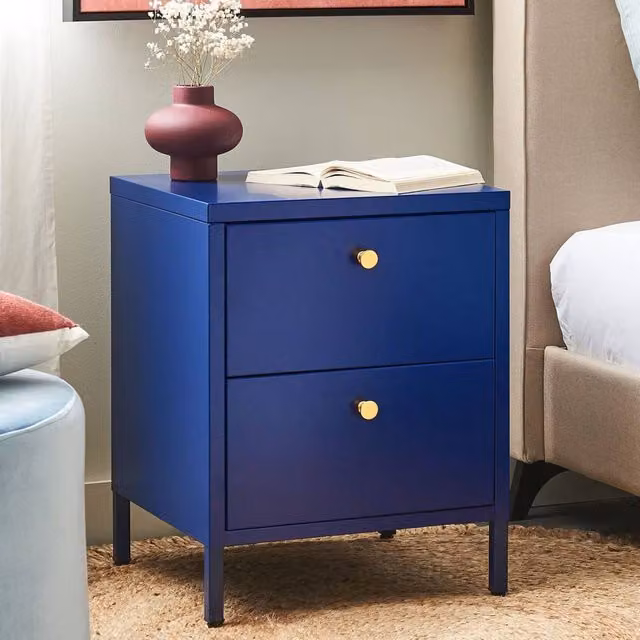 Wyld and Coco Two-Drawer Industrial Glam Bedside Table in Blue and Gold