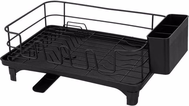 Garden Sanctuary Carbon Steel Dish Drainer with Rotating Telescopic Drainage Pipe and Cutlery Holder in Black
