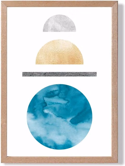 ARTZE Mid Century Geometric Abstract Framed Print in Yellow, Blue and Grey with Oak Wood Frame, A4 Size