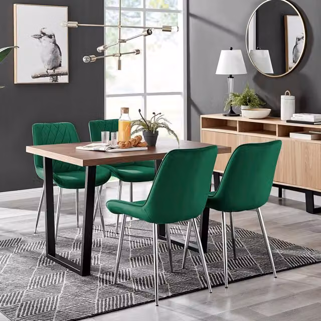 FurnitureboxUK Kylo Brown Wood Effect Dining Table with 4 Green Pesaro Silver Leg Chairs