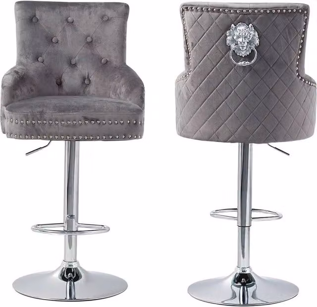 NESTLUNE Grey Velvet Swivel Bar Stool with Armrests