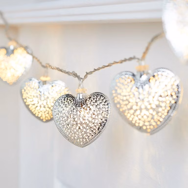 Lights4fun 20 Silver Filigree Heart Fairy Lights with Warm White LED and Timer