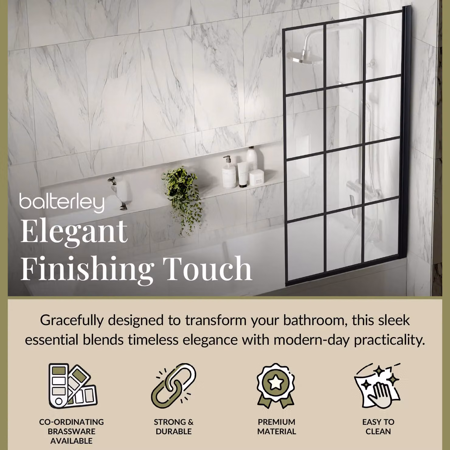 Balterley Black Framed Grid Hinged Reversible Bath Screen with 6mm Glass, W: 79 cm, H: 143 cm – 2