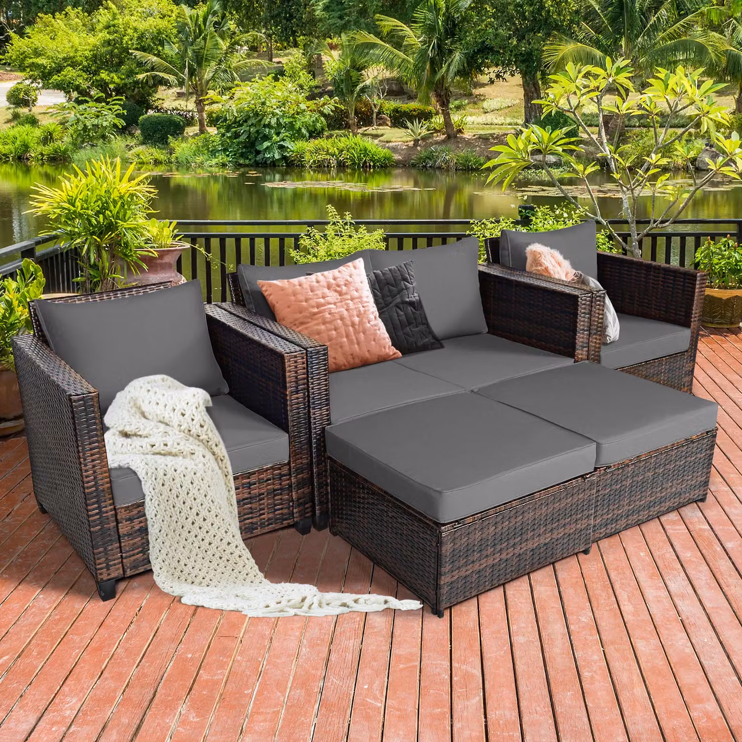 Costway 6-Seater Grey Rattan Garden Furniture Set with L-Shape Sofa, Ottoman and Upholstered Cushions – 9