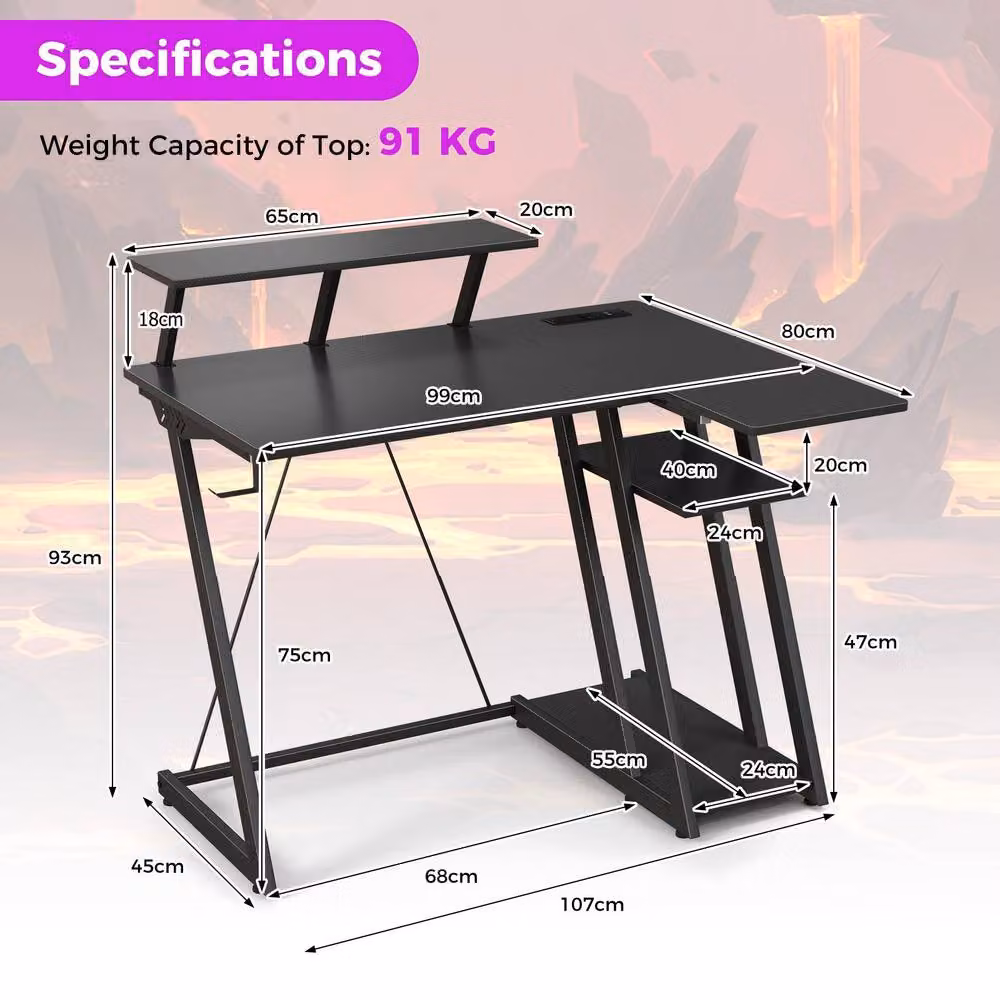 Costway L-Shaped Gaming Desk in Black with USB Ports and Outlets – 2