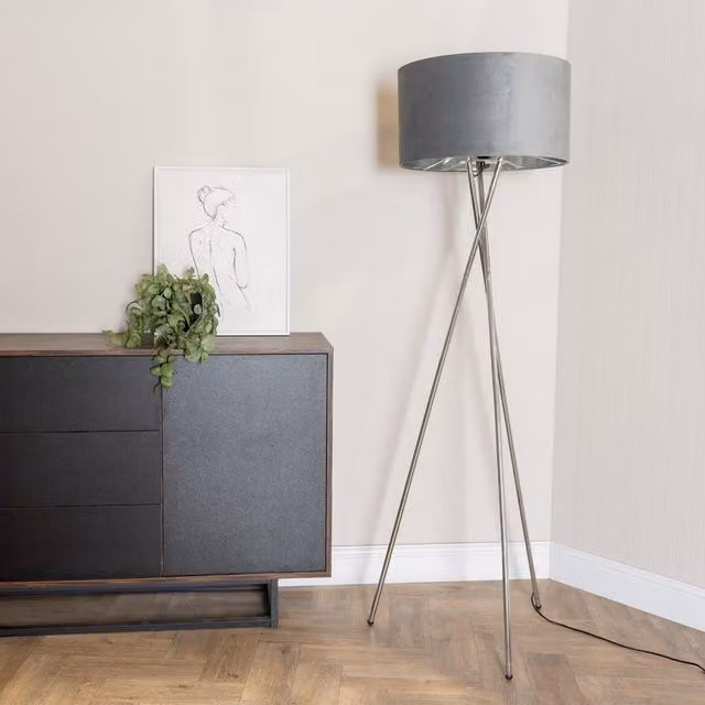ValueLights Camden Grey Velvet and Chrome Tripod Floor Lamp with Bulb