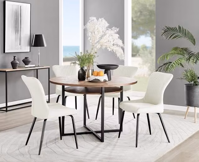 FurnitureboxUK Adley Brown Wood Round Dining Table and 4 Nora Cream Chairs with Black Legs – 1