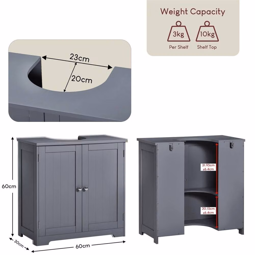 Havendro Grey Matt Under Basin Bathroom Sink Cabinet with Internal Shelves and Hinged Doors – 2