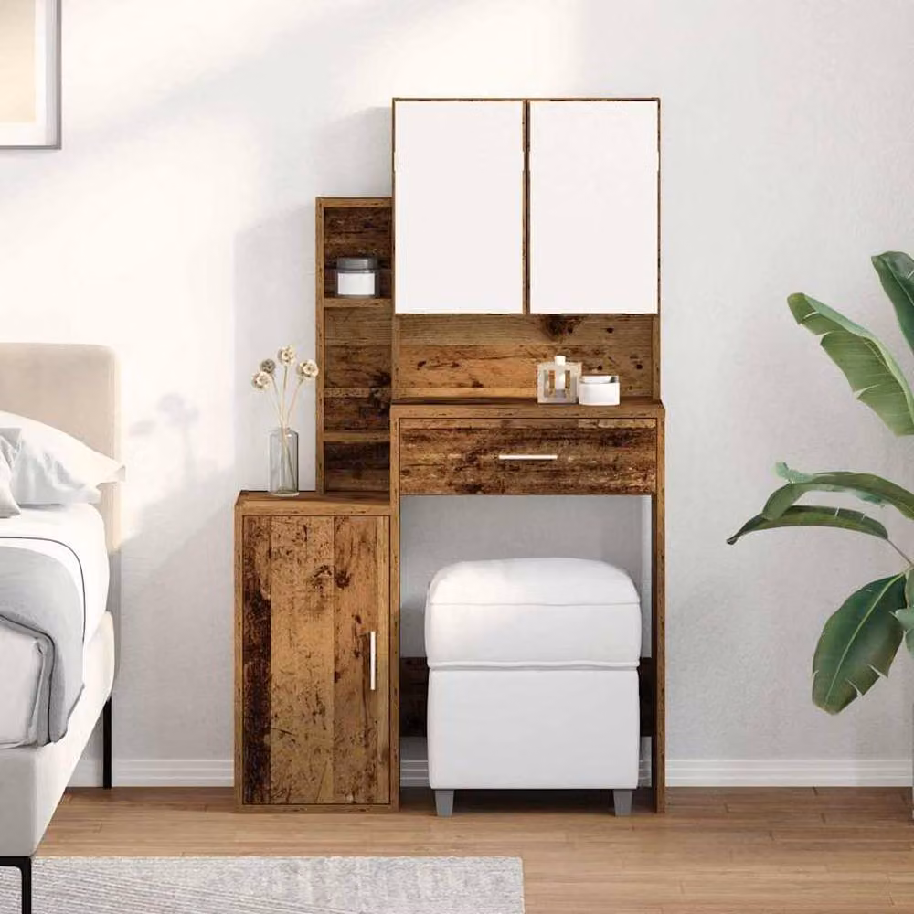 Berkfield Home Rustic Brown Wood Dressing Table with Hollywood LED Mirror – 2