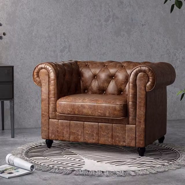 Livingandhome Mid-Century Chesterfield Wingback Armchair in Brown Synthetic Leather