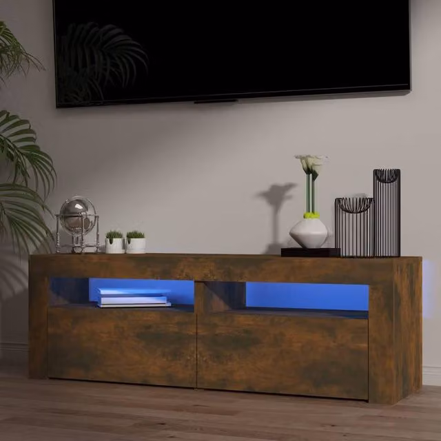Berkfield Home Modern Smoked Oak TV Cabinet with LED Lights in Brown, W/D/H: 120 x 35 x 40 cm – 1