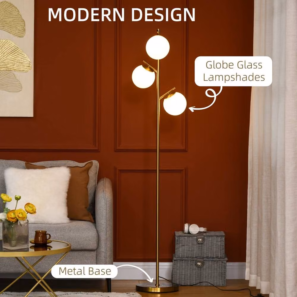 Wyld Haus Tasozi 3 Light Tree Floor Lamp in Gold and White with Glass Globe Shades, Height: 169 cm – 3