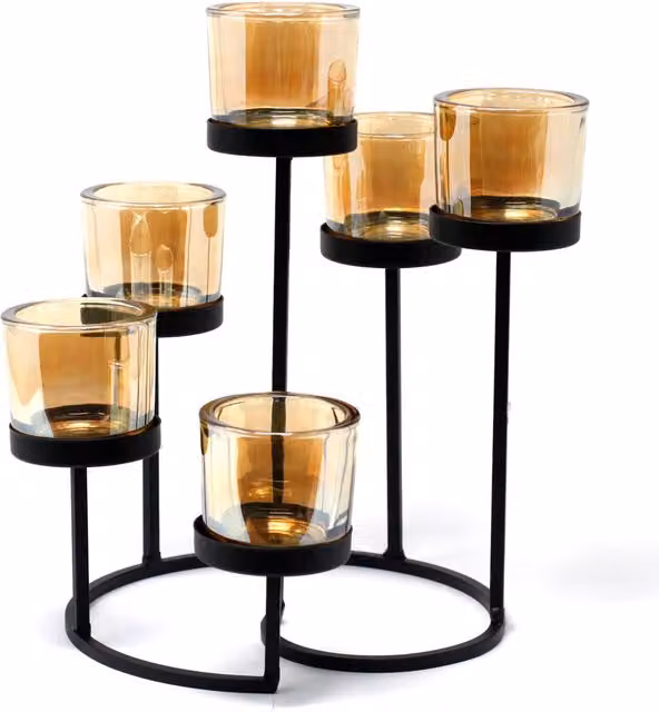 KDMK Black Iron Votive Candle Holder with 6 Glass Tealight Cups and Circular Tree Design