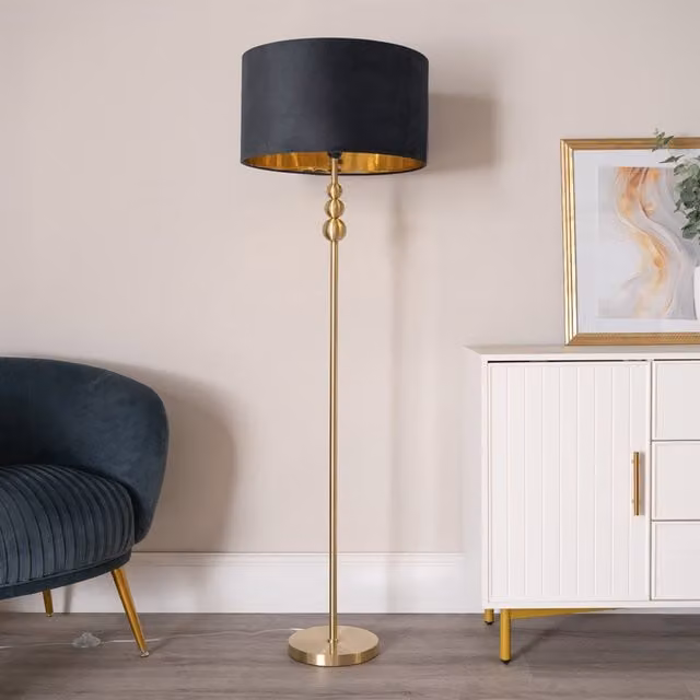 ValueLights Marissa Mid-Century Floor Lamp with Velvet Sphere Shade in Black