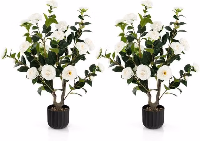 Costway 2 Pack White and Green Artificial Camellia Tabletop Tree Faux Floral Plant