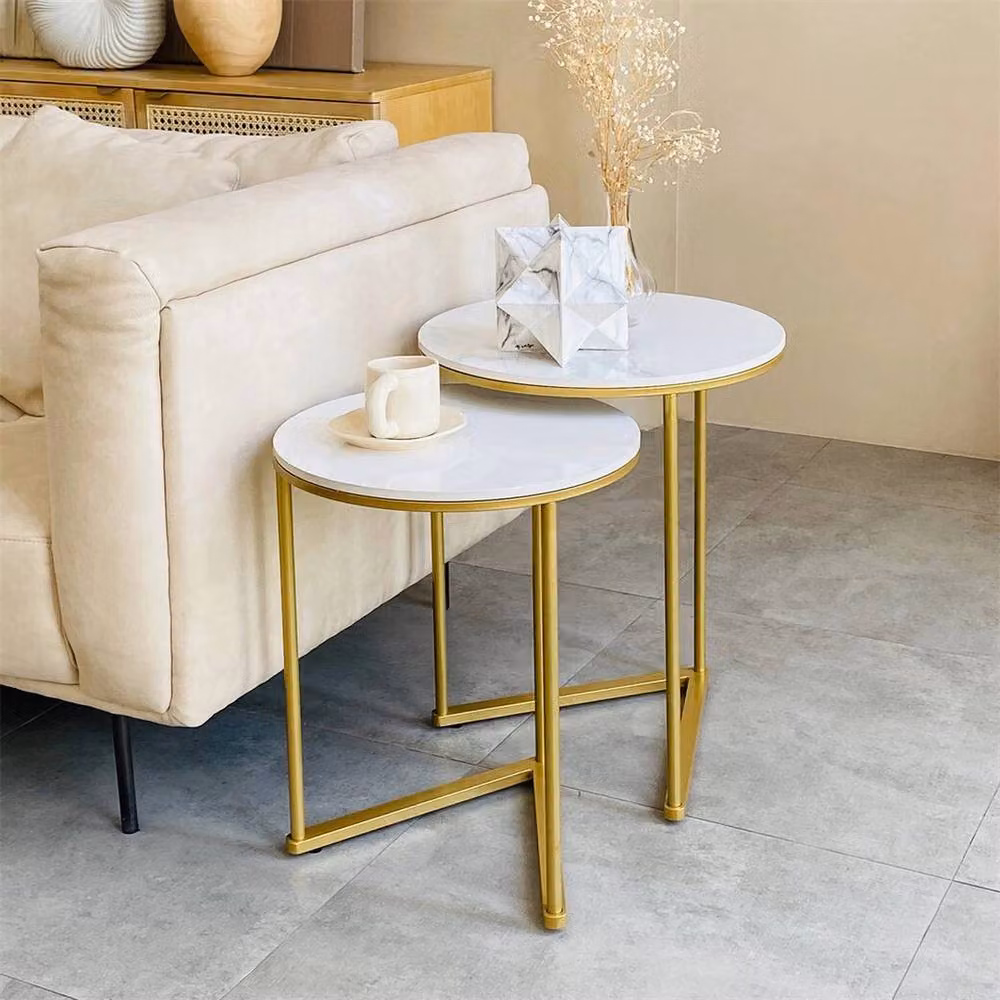 Havendro Round Nesting Coffee Table Set of 2 with White Ceramic Tops and Gold Metal Sled Base – 2