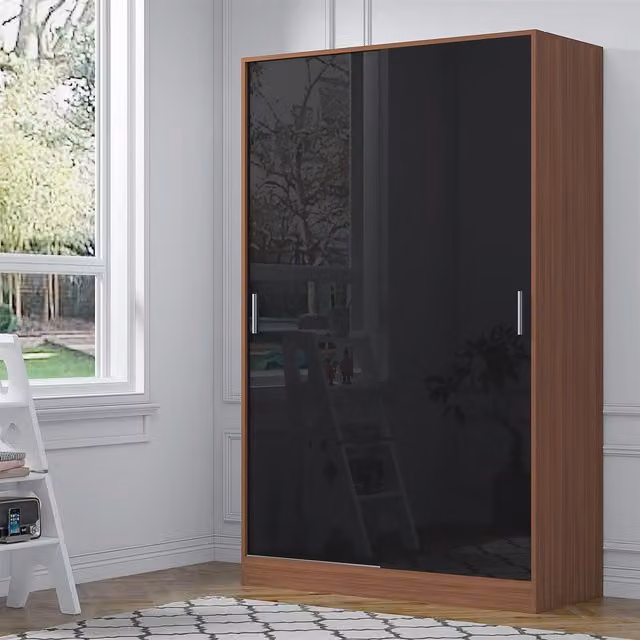 Reflect 2 Door Sliding Wardrobe in Black Gloss and Walnut Matt Finish, H 180 x W 120 x D 58 cm