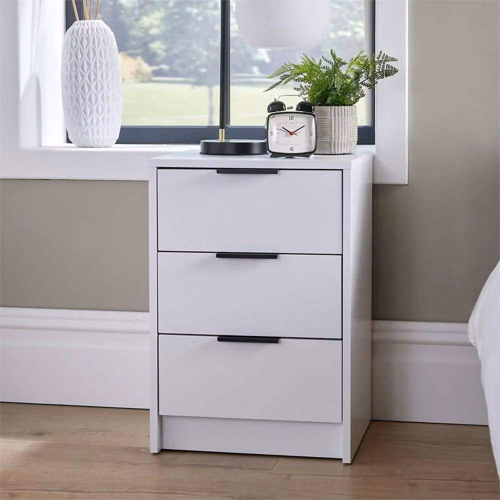 NESTLUNE White and Silver 3 Drawer Modern Bedroom Storage Unit, W: 100 cm, D: 15 cm – 2