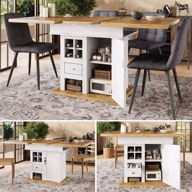 BTM Extendable White Dining Table with Wine Rack and Drawers, W/D/H: 110 x 80 x 75 cm