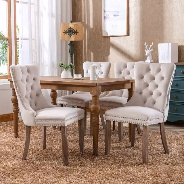 Modern Home Touch Romsey Set of 4 Beige Velvet Upholstered Dining Chairs with Oak Legs and Knocker Ring Back – 1