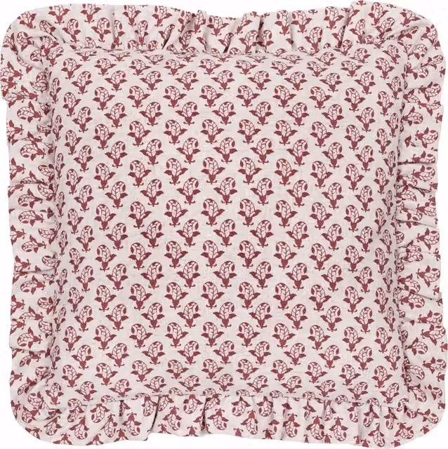 Lulah Block Printed Ruffle Square Cushion in Red Linen and Polyester